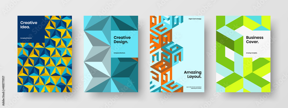 Colorful corporate cover A4 design vector layout composition. Simple geometric hexagons handbill template collection.