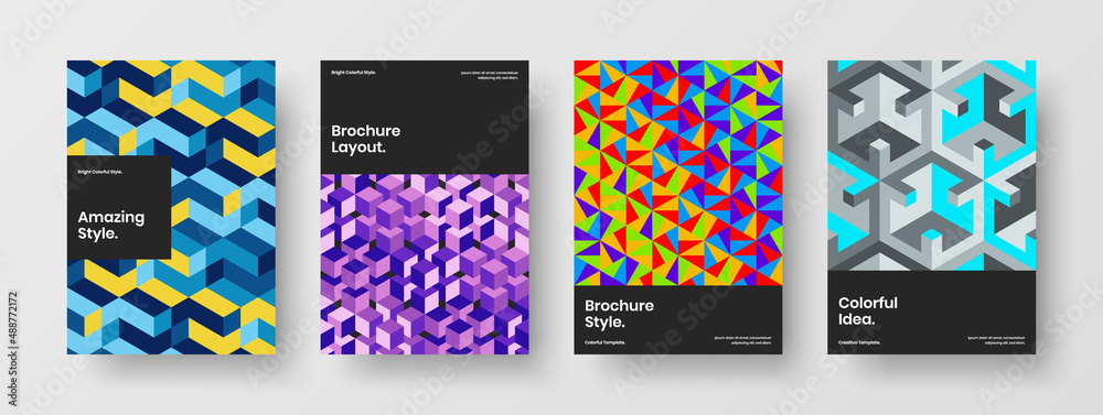Modern mosaic pattern brochure concept set. Colorful journal cover design vector template bundle.