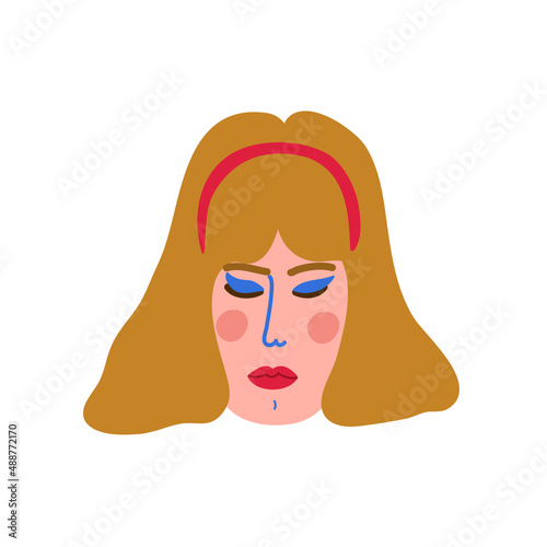 Minimalist vector portrait of young lady with bob hairstyle, red lipstick and blue eyeshadows. Fashionable hairstyle with bangs and hair band.