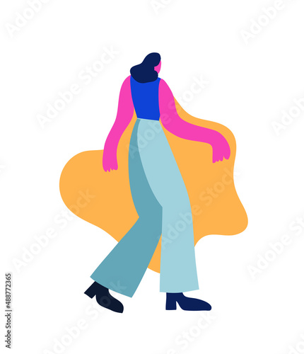 Colorful vector illustration with a girl. Depiction of young lady dancing. Abstract shape on the background. Activity.