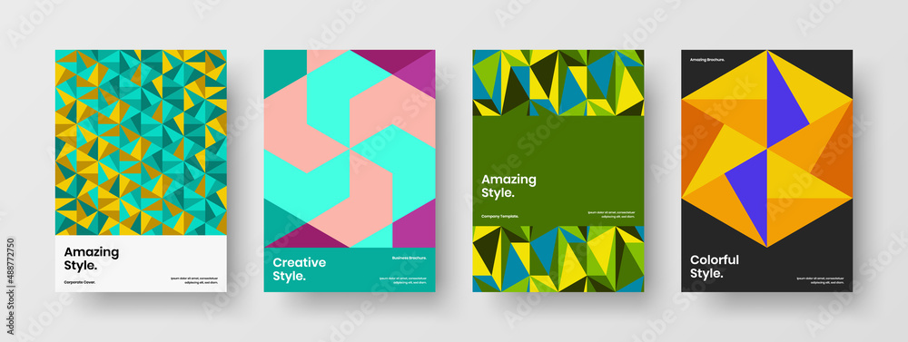 Fototapeta premium Multicolored geometric hexagons catalog cover layout set. Creative postcard A4 vector design concept composition.