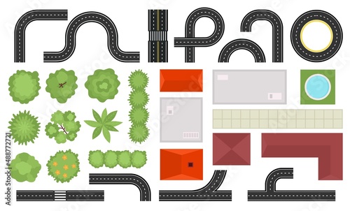 Street map top view, houses, roads and trees. City landscape plan elements from above, building roofs, bushes and traffic lane vector set