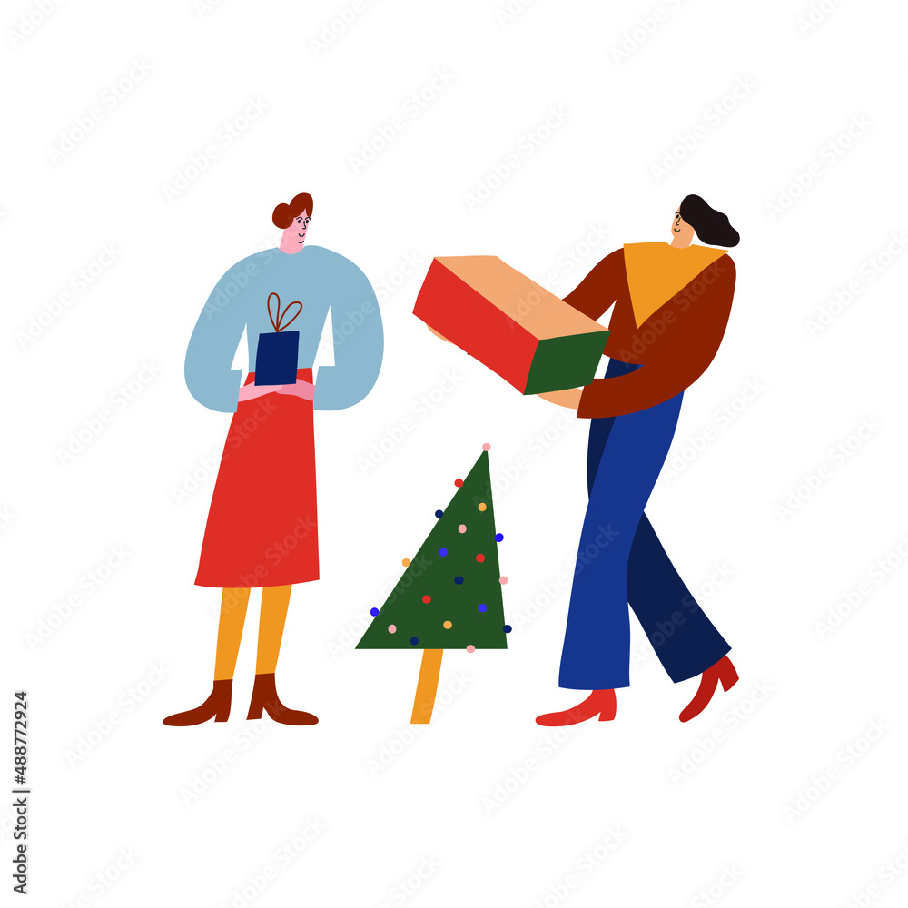 Vector illustration dedicated to winter holidays. Depiction of two girls holding boxes with presents. Festive image for Christmas and New Year celebration. Gift exchange.