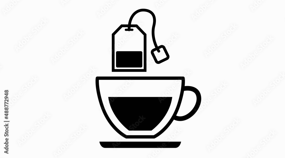 Tea Icon. Vector black and white illustration of a bag and a cup of tea Tea Icon. Vector black and white illustration of a bag and a cup of tea