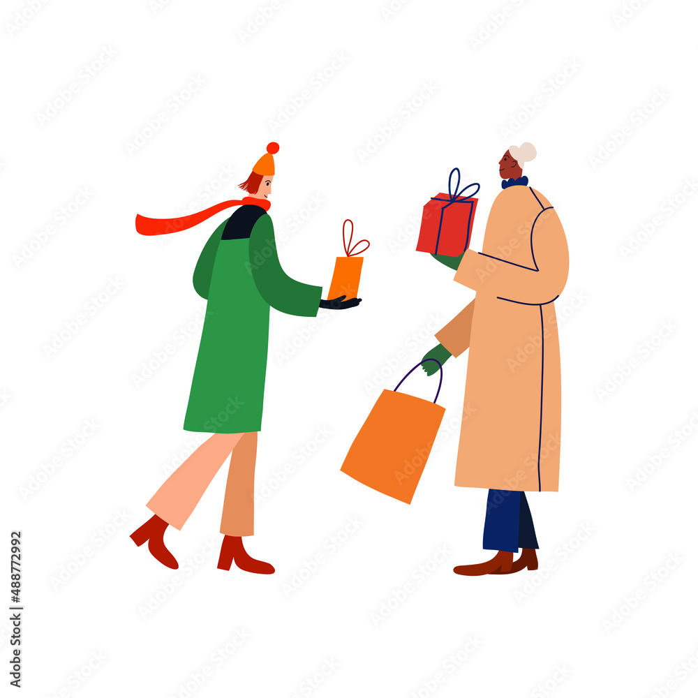 Vector illustration dedicated to winter holidays. Depiction of boy and girl holding boxes with presents. Festive image for Christmas and New Year celebration. Gift exchange. Vector illustration dedicated to winter holidays. Depiction of boy and girl holding boxes with presents. Festive image for Christmas and New Year celebration. Gift exchange.
