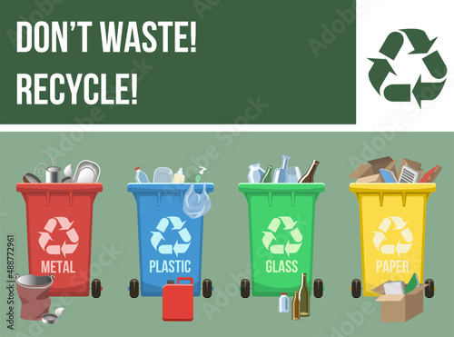 Horizontal educational poster with garbage cans. Sorted garbage: metal, plastic, paper, glass.