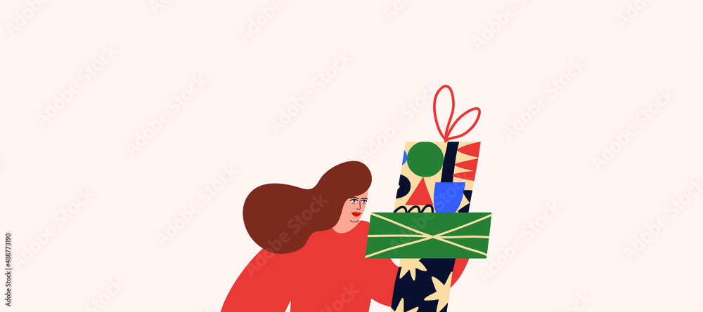 Minimalist vector illustration with a girl holding boxes with presents. Christmas, new year, celebration. Winter holidays. Gifts. Festive image. Minimalist vector illustration with a girl holding boxes with presents. Christmas, new year, celebration. Winter holidays. Gifts. Festive image.