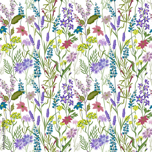 Blooming Garden floral in small hand draw flower with many kind of botanical plants seamless background. Liberty style. Design for fashion, fabric, textile, wallpaper, cover, web , wrapping