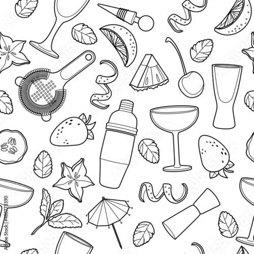 Vector bar cocktail and drink seamless pattern. Vector line art illustration