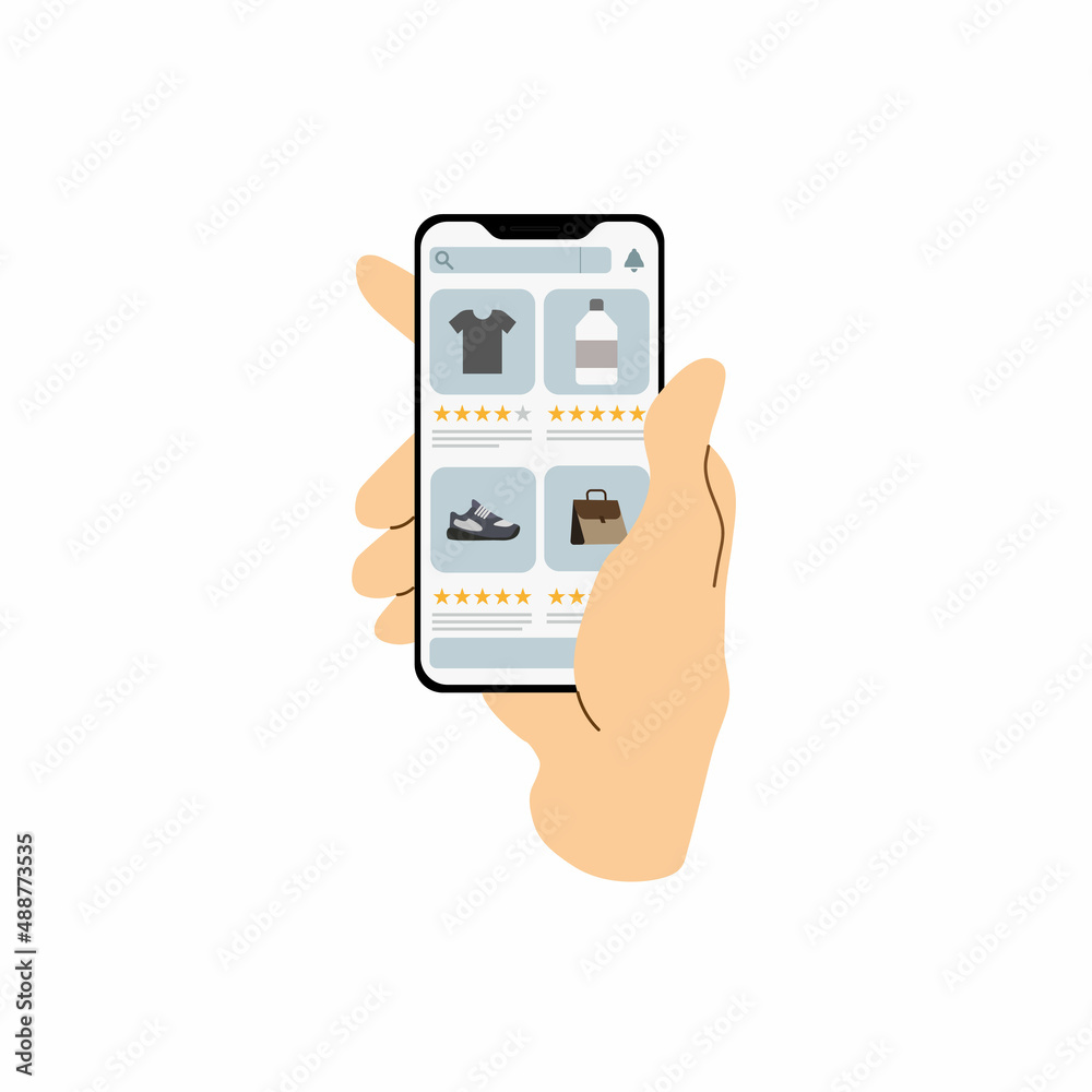 Hand holding smartphone with online shop application. Positive and negative reviews on screen. Testimonials about internet marketplace. Feedback concept. Vector, illustration, EPS, flat. Hand holding smartphone with online shop application. Positive and negative reviews on screen. Testimonials about internet marketplace. Feedback concept. Vector, illustration, EPS, flat.