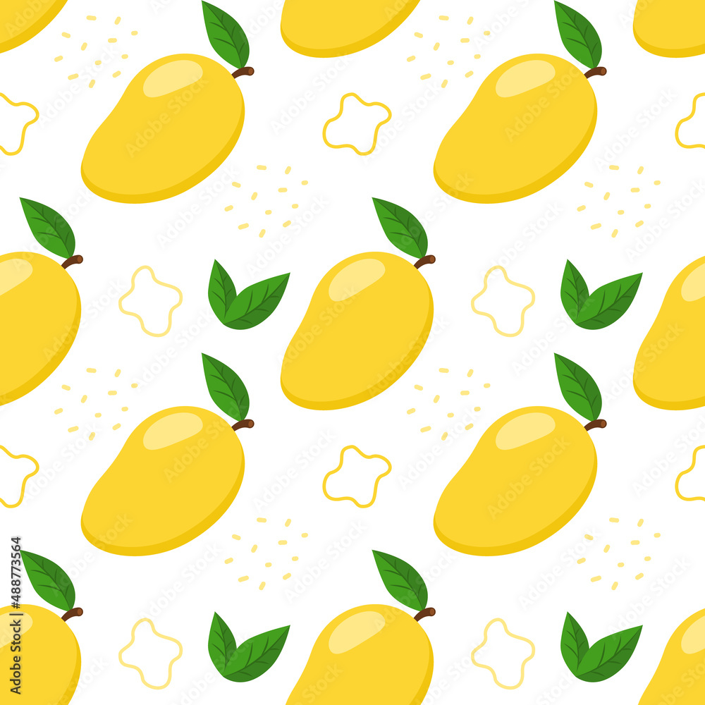 Cute mango with leaves and decorative elements. Seamless pattern. Can be used for wallpaper, fill web page background, surface textures Cute mango with leaves and decorative elements. Seamless pattern. Can be used for wallpaper, fill web page background, surface textures