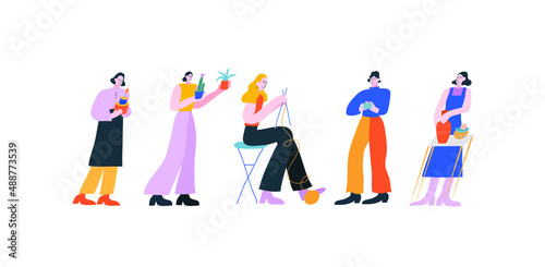 Colorful vector illustration set with girls. People of different professions. Baker, pottery maker, plant shop worker or owner, knit maker, photographer. Hobby, job or small business.