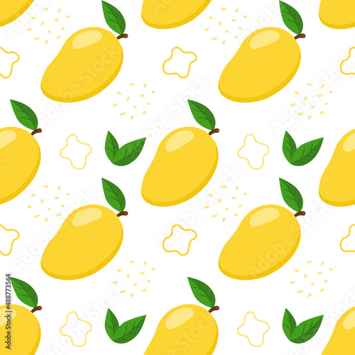 Cute mango with leaves and decorative elements. Seamless pattern. Can be used for wallpaper, fill web page background, surface textures
