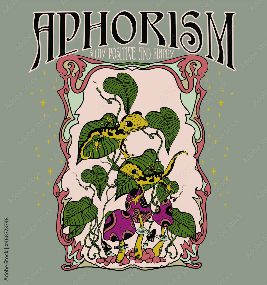Aphorism.Stay positive and happy.Retro 70's psychedelic hippie mushroom illustration print with groovy slogan for man - woman graphic tee t shirt or sticker poster - Vector