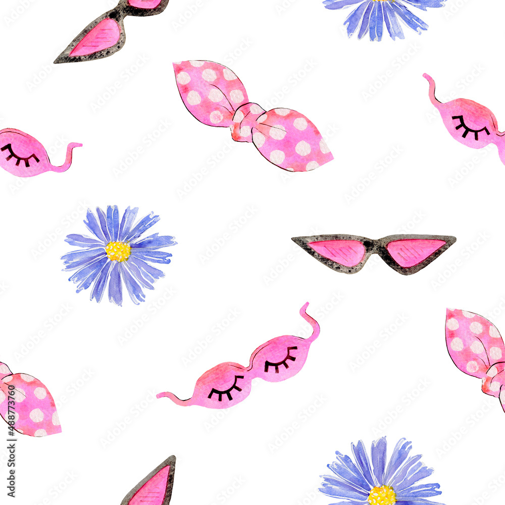 Cute print, seamless pattern. Violet flowers, bows, sleep mask and sunglasses. Watercolor illustration, hand painting. 