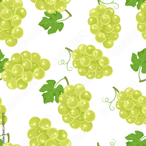 Bunches of green grapes on a white background. Vector seamless pattern with ripe berries. Cartoon flat illustration.