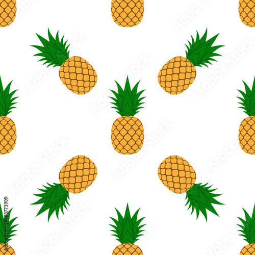 Pineapple seamless pattern. Tropical fruits textile texture isolated white background. Food print, fabric wrapping decorative backdrop. Typography graphic. Repeat design element. Vector illustration