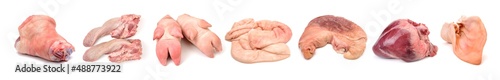 фотографія assorted raw pork meat on white background