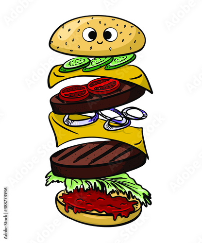 Vector cartoon illustration of a double burger with cute eyes smiling. Cutlet, cheese, tomato, onion, cucumber, lettuce, sauce