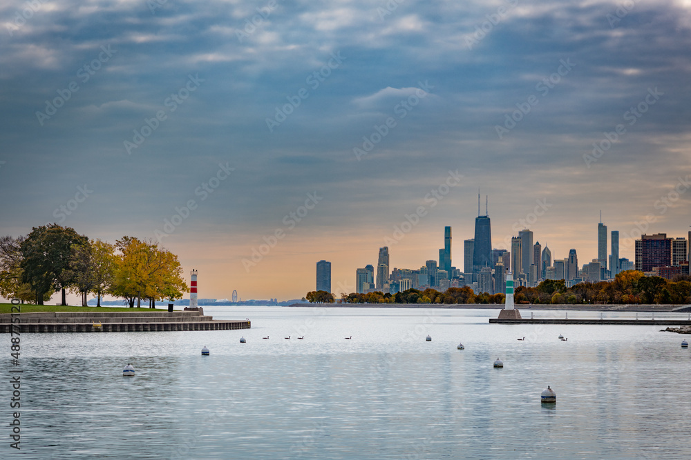 Chicago Skyline from Montrose Harbor in Fall