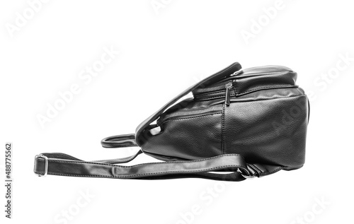 Beautiful black leather backpack on a white background.