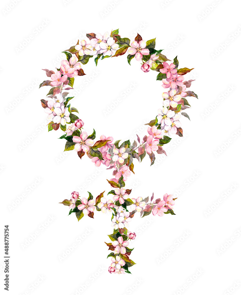 Woman power illustration, watercolor with cherry blossom flowers