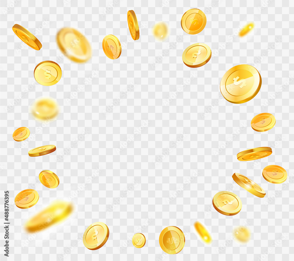 Isometric gold coins with dollar sign in various projections. Gold money cash symbol isolated. Realistic 3d coin. Banking, business, financial operations for web apps infographics vector illustration