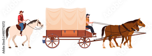 Covered wagon with horses and male riders vector flat illustration Wild West transportation