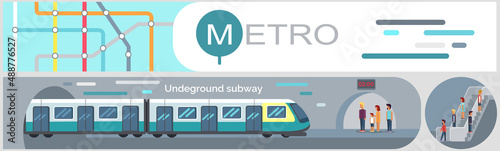 Public transport flat infographic diagram with tramway underground metro. Subway poster mockup with subway lines plan, underground and ground transportation passengers. Design of metro scheme