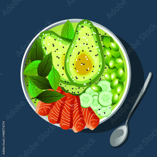 Bowl topped with avocado, basilic, fish, cucember and beans. Top view isolated vector illustration.