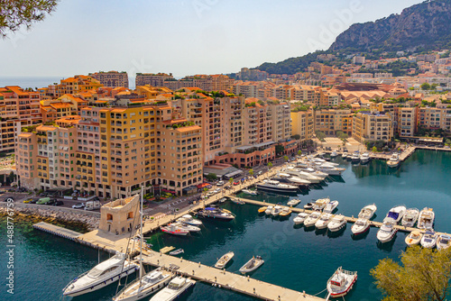 Panoramic aerial view of Fontvieille - district of Monaco-Ville.Luxury yacht moored in the bay of Monaco, France . Principality of Monaco is a sovereign city state, located on the French Riviera 