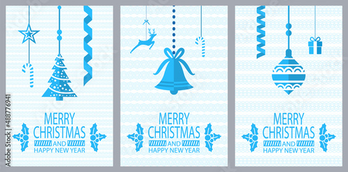Merry Christmas and happy New Year greeting poster. Confetti and star shaped toys, decoration of home xmas symbols. Paper card decorated by leaves with berries, lines. Simple congratulation postcard