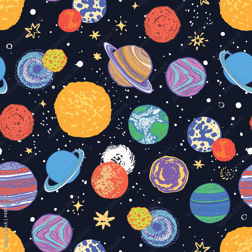 Space planets vector seamless pattern