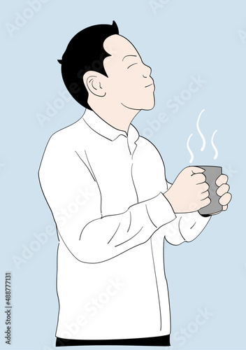 A man who is pleased with the smell of coffee from a cup. Hand drawn style vector design illustrations. photo