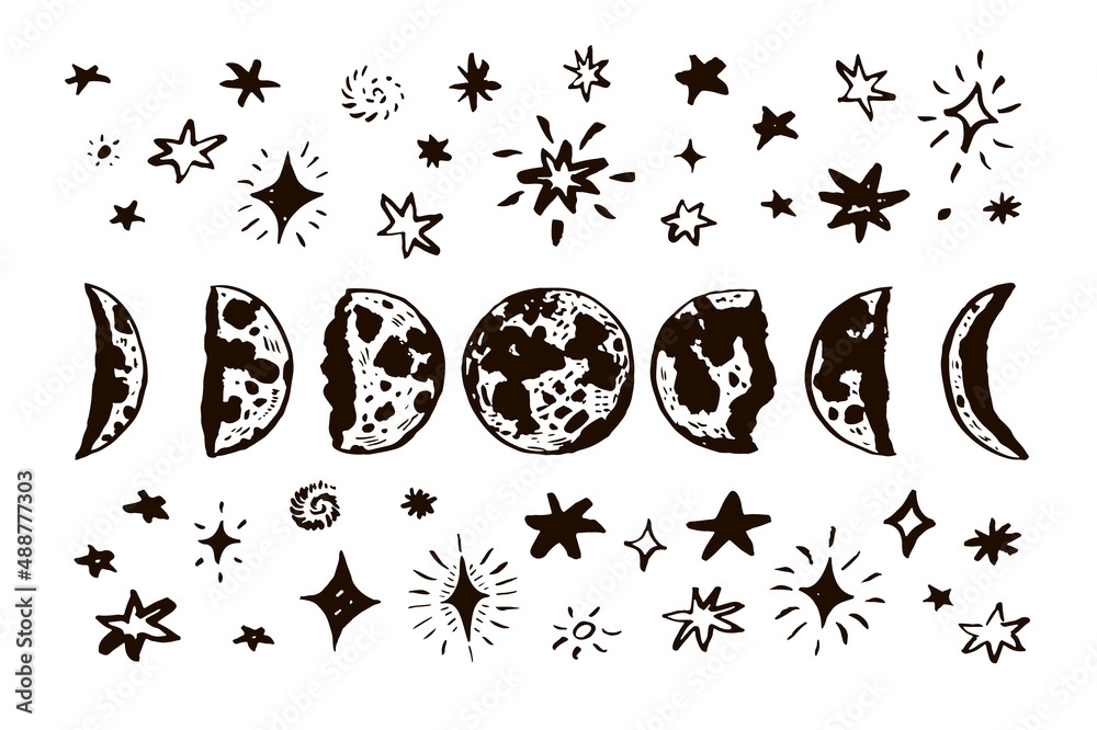 moon phases space vector illustrations set