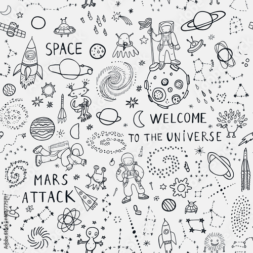 Space planets funny doodle universe objects vector seamless pattern