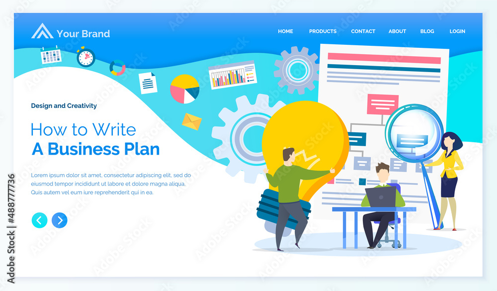 How to write business plan vector. Business meeting of partners working with strategy planning. Man and woman with electric bulb idea symbol. Website or webpage template, landing page flat style How to write business plan vector. Business meeting of partners working with strategy planning. Man and woman with electric bulb idea symbol. Website or webpage template, landing page flat style