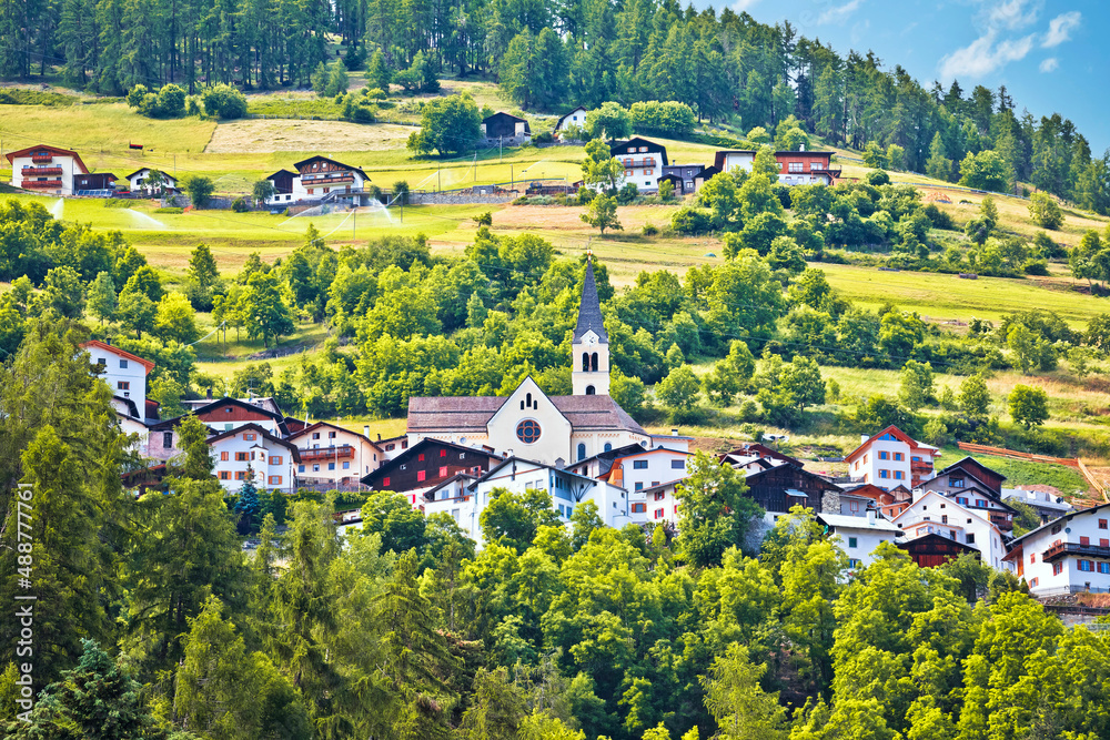 Stelvio village or Stilfs in Dolomites Alps landscape view