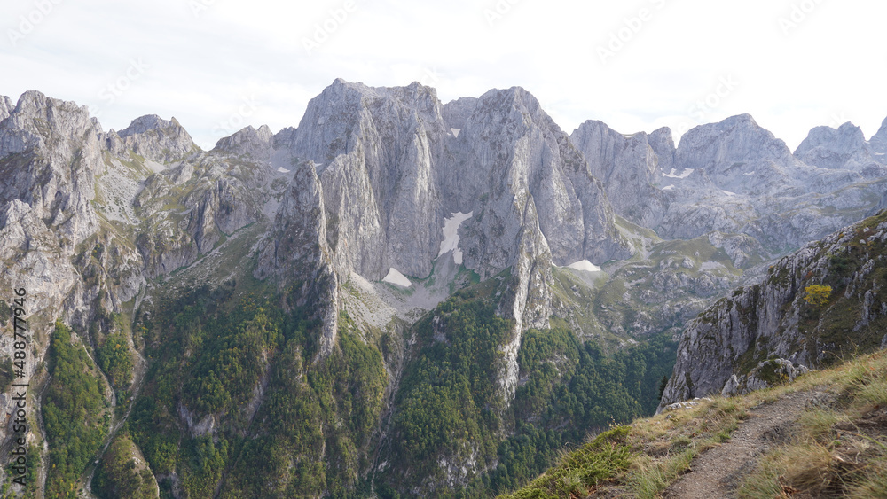 Fototapeta premium Mountain peaks during autumn season in the Prokletije National Park near the Grebaje Valley of Montenegro