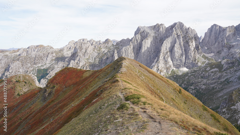 Fototapeta premium Mountain peaks during autumn season in the Prokletije National Park near the Grebaje Valley of Montenegro