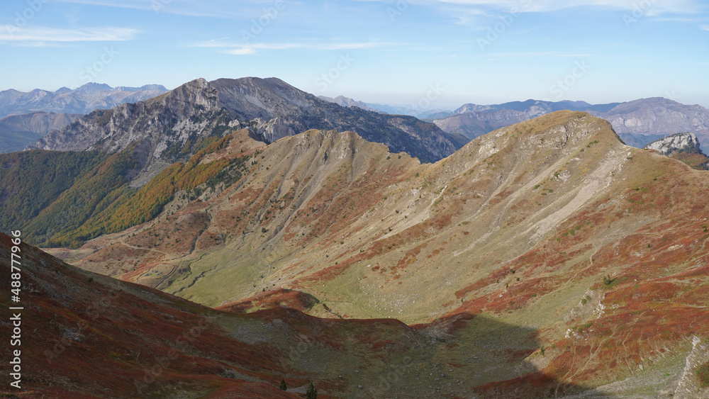 Mountain peaks during autumn season in the Prokletije National Park near the Grebaje Valley of Montenegro