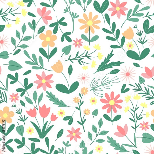 Spring floral seamless pattern. Background of greenery  flowers and herbs. Template for fabric  paper  wallpaper vector illustration