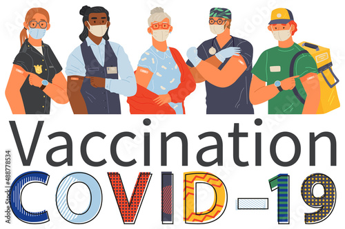 Stop coronavirus agitation concept. Vaccination promo, immunization of workers. Vaccine saves lives. People wearing protective mask showing their arm with bandage after receiving covid-19 vaccine
