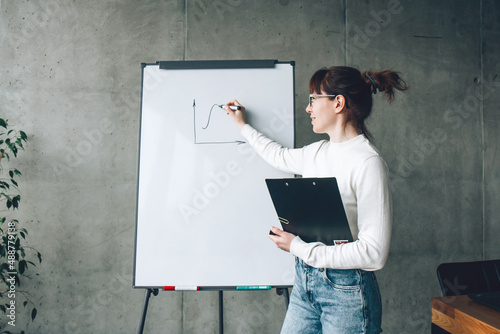 Young woman trainer or speaker making presentation at flipchart