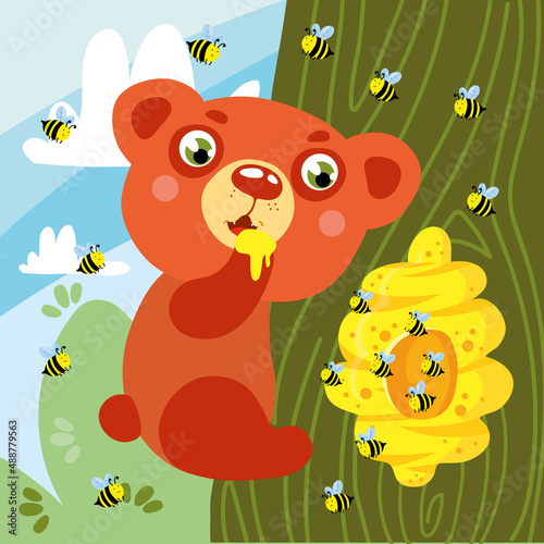 Bear and Bees on Tree Funny Kid Graphic Illustration