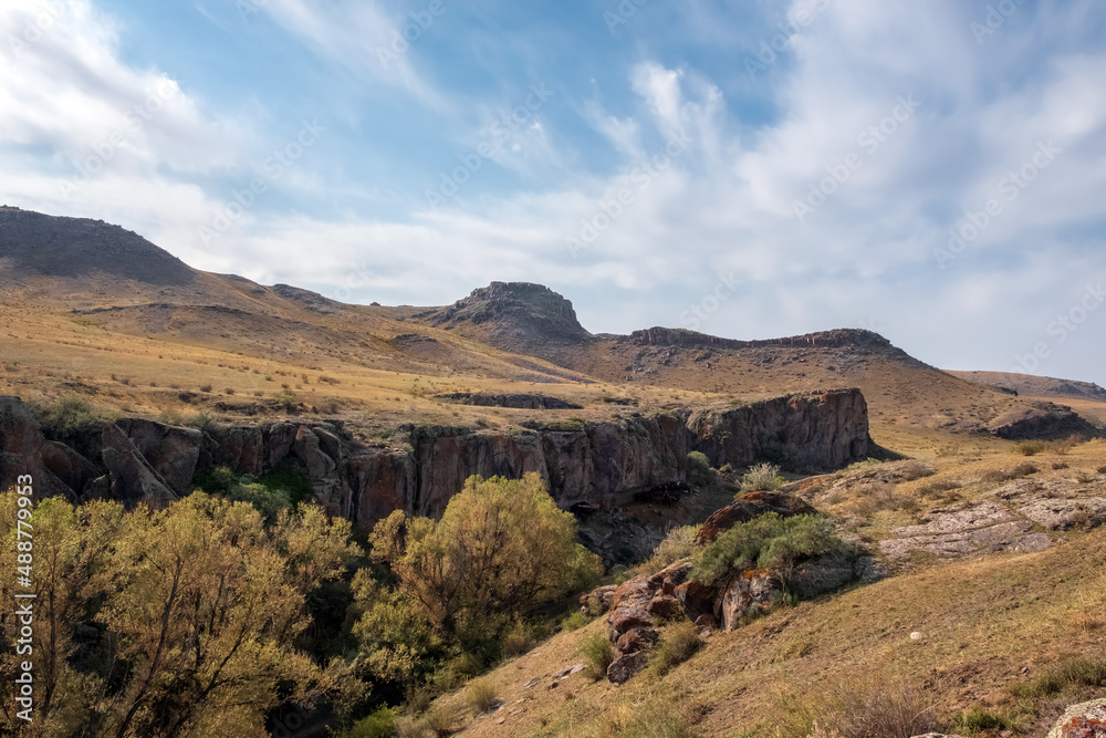 Beautiful rock canyon in morning time. Sholak mountains in Almaty region.