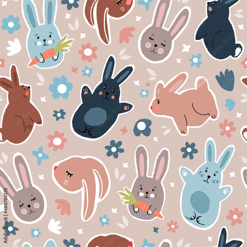 seamless vector pattern of cute drawn bunnies and flowers. tender flat illustration for baby clothes, postcards, wrapping paper, wallpaper.