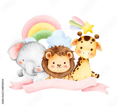 Photography Watercolor happy cute safari animals and ribbon