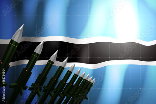 Cruise missiles, flag of Botswana in background - defense concept - 3D illustration