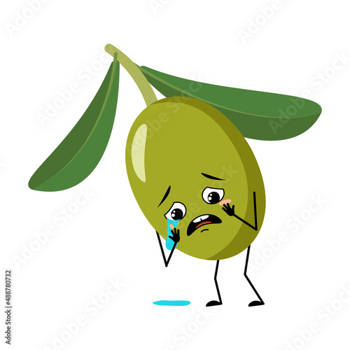 Olive character with crying and tears emotion, sad face, depressive eyes. Person with melancholy expression, fruit emoticon. Vector flat illustration